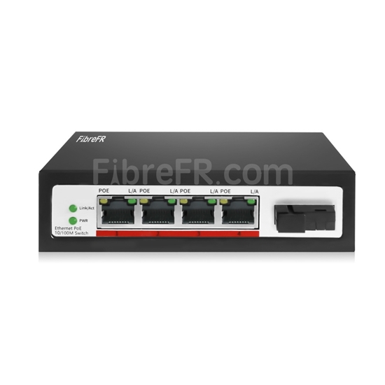 4x 10/100Base-T RJ45 ~ 1x switch/commutateur POE non géré 100Base-X SFP SC,  fibre unique, 1310nm/1550 nm 20km